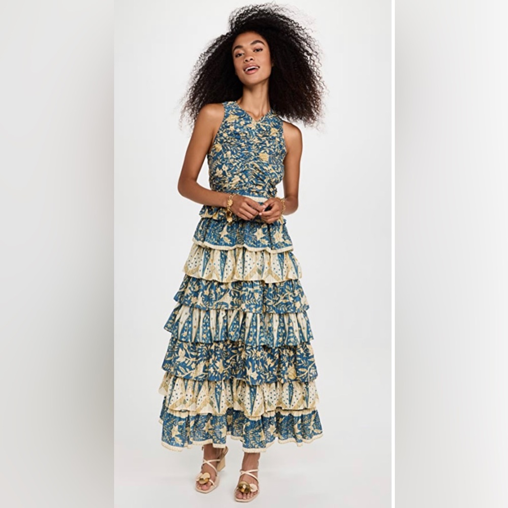 Ulla Johnson Blue and Cream Tiered Ruffled Maxi Dress - Picture 2 of 16